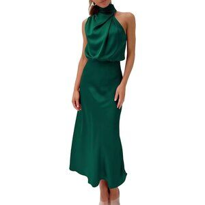 Women's Dark Green Spring Summer Satin Sleeveless Elegant Formal Mock Neck Maxi